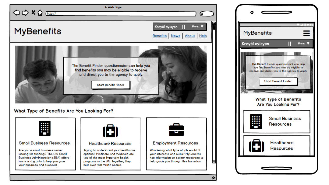 Wireframe of a website with an animated language selector in the upper right. The language selector displays a link to a different language every second.